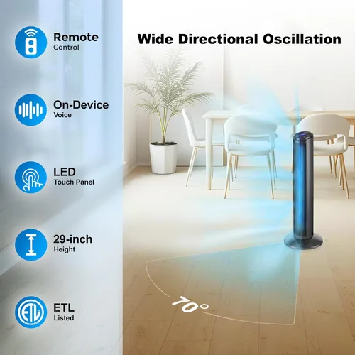 Miniatura 8 de Emerson SmartVoice - Ventilador de torre de 29 pulgadas, control de voz sin Wi-Fi, ventilador de torre inteligente para dormitorio, oscilación