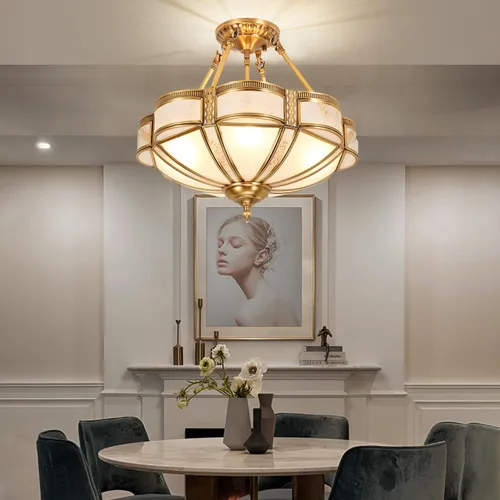 Miniatura 3 de Lámpara de techo de latón de 4 luces semiempotrada, candelabro dorado para comedor, lámpara de techo de vidrio esmerilado, luz empotrada moderna