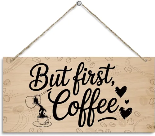 But First Coffee - Letrero decorativo para colgar en madera de cafetería, decoración de cocina vintage, decoración de grano de madera retro,