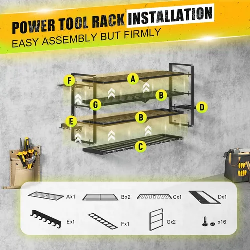 Miniatura 2 de Organizador de Herramientas Eléctricas para Montaje en Pared - Capacidad de Carga de 400 Libras, Estante de Almacenamiento de 4 Niveles con 8