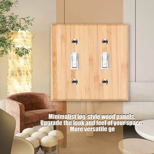 Miniatura 6 de Placa de Interruptor de Luz Dúplex de Palanca de Madera Maciza de 1 Gang, 4.5" x 4.5", Cubierta de Interruptor de Luz de Bambú de Madera Cruda