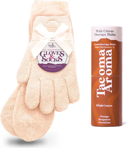 Kit de cuidado de pies con calcetines y guantes hidratantes y bálsamo para talones de Purple Canyon | Calcetines y guantes color durazno infundidos
