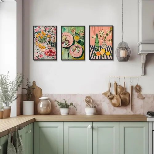 Miniatura 7 de 9 piezas de arte de pared de cocina coloridos alimentos para decoración de pared, fotos, bebidas, frutas, bar, carrito, lienzo, impresiones