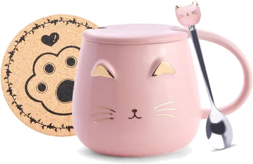 Miniatura 7 de Taza de café de cerámica rosa con diseño de gato lindo hecho a mano con cuchara de acero inoxidable, taza de gatito, tazas únicas de chocolate Negro