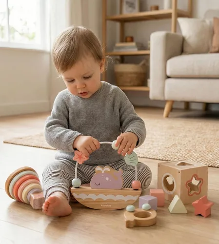 Miniatura 2 de Pillowhale Juego de juguetes de madera sensorial y educativo para niños pequeños de 1 a 3 años - Anillos para apilar, clasificador de formas, coche