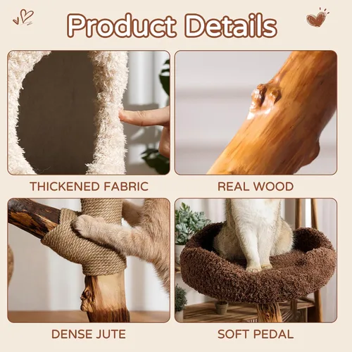 Miniatura 7 de RPZ Árbol para gatos de madera maciza de lujo de 54.7 pulgadas para gatos pequeños a medianos, poste rascador de madera natural con rama real