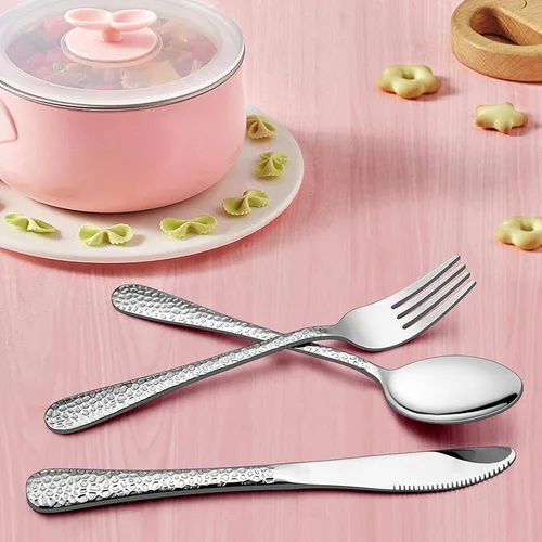 Miniatura 2 de LIANYU Juego de cubiertos de 12 piezas para niños, cubiertos martillados de acero inoxidable, vajilla para niños, incluye cuchillos, tenedores
