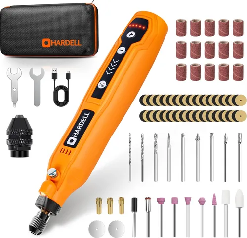 Miniatura 10 de HARDELL - Kit de herramienta rotatoria inalámbrica multiusos mini con 5 velocidades, carga USB y 69 accesorios, 3.7 V para lijar, pulir, perforar
