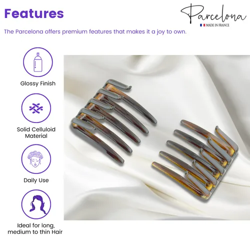 Miniatura 2 de Parcelona Cangrejo francés entrelazado marrón mediano 2 1/4 pulgadas celuloide antideslizante coleta clips flexibles resistentes pinzas para el pelo