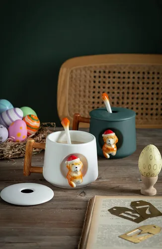 Miniatura 4 de DIHOclub Taza de café de cerámica con tapa y cuchara a juego, taza con patrón 3D Golden Retriever para té, leche y chocolate, bonita taza