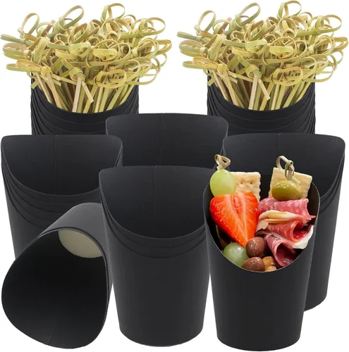 Miniatura 10 de BLUE TOP 30 tazas de papel blanco de 14 onzas con 100 púas de nudo de bambú de 4.7 pulgadas para aperitivos y frutas Púas de brocheta de nudo