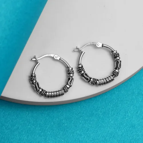 Miniatura 3 de LeCalla Aretes de aro balinesa oxidados de plata de ley 925, pequeños aretes de aro con cuentas de Bali antiguos para mujer