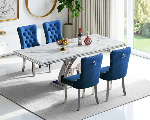 Miniatura 41 de Moderno juego de mesa de comedor de mármol sintético de 68.11 pulgadas para 6, mesa de comedor de mármol blanco y plateado con 6 sillas de Blanco