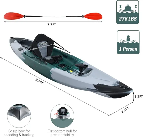 Miniatura 7 de Goplus Kayaks de pesca para adultos, 9.7 pies, kayak de turismo recreativo para una persona con paleta de aluminio, 4 soportes para caña de pescar