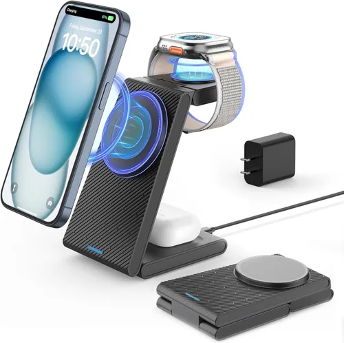 Miniatura 16 de Soporte de cargador inalámbrico, estación de carga inalámbrica rápida 3 en 1 para Apple Watch 11/9/8/7/6/SE/5/4/3/2, Airpods 3/2/Pro, iPhone Negro