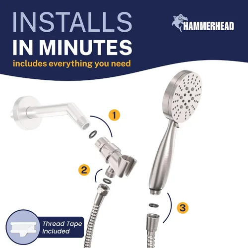 Miniatura 7 de HammerHead Showers Solid Metal 3-Spray Handheld Shower Head with Long Hose and Holder, High Pressure, Wide/Massage/Mist Sprays, Brushed Nickel, 1.75