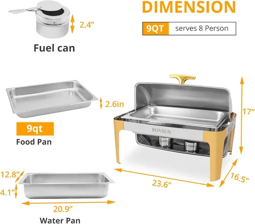 Miniatura 8 de ROVSUN Juego de platos de bufé con tapa enrollable, con detalles dorados, NSF de 9 cuartos de galón de acero inoxidable rectangular, juego