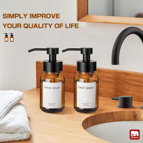 Miniatura 6 de GMISUN Dispensador de jabón espumoso, dispensador de jabón de espuma de vidrio ámbar de 8.5 fl oz / 8.5 fl oz para baño y cocina, paquete de 2