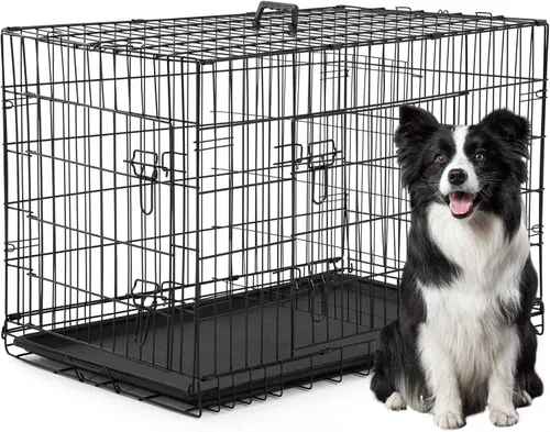 FDW Jaula XL para perros con doble puerta, jaula plegable de alambre de metal de 42 pulgadas con bandeja extraíble y panel divisor, jaula para Negro