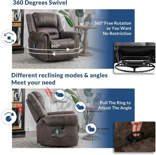 Miniatura 4 de Power Recliner with Heat and Massage – Swivel Rocking Recliner Chair, USB Charging Ports, Side Storage Pockets, Manual Recline Option for Living