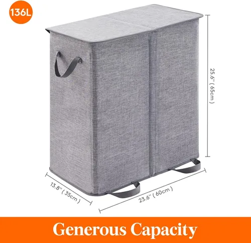 Miniatura 6 de Lifewit - Cesta de lavandería doble con tapa y bolsas de lavar extraíbles, cesta grande plegable con 2 divisores para ropa sucia, con asas para Gris