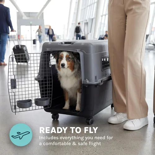 Miniatura 5 de SportPet - Jaula de viaje para perros con puerta de alambre aprobada por aerolíneas, de plástico duradero con ruedas extraíbles, plegable, cuencos