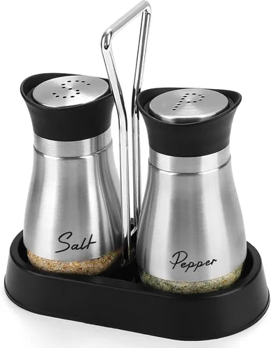 Miniatura 9 de Accmor Juego de saleros y pimenteros con soporte, recipientes de acero inoxidable de 4 onzas con fondo de vidrio para cocina, barbacoa, bar, mesa