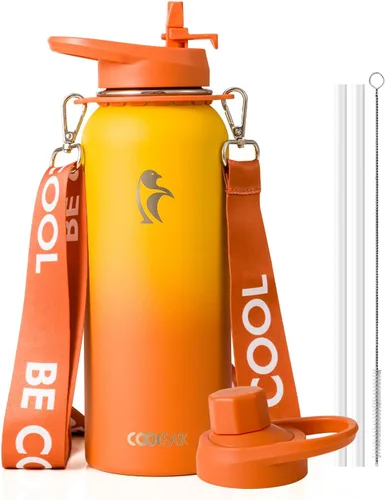 Miniatura 18 de Botella de agua Coolflask de 40 onzas con correa, botella de agua metálica aislada con popote y tapas con pico, acero inoxidable de doble pared al