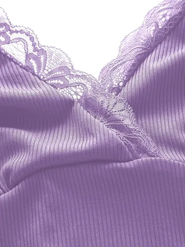Miniatura 4 de MakeMeChic Camiseta corta sin mangas con cuello en V y ribete de encaje Y2K para mujer