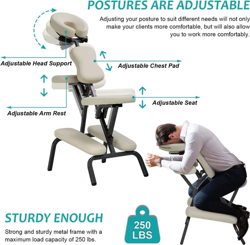Miniatura 3 de Silla de masaje portátil, Esponja de 4 pulgadas de grosor, Altura ajustable, Silla de spa plegable, Capacidad de carga 250 libras, Crema