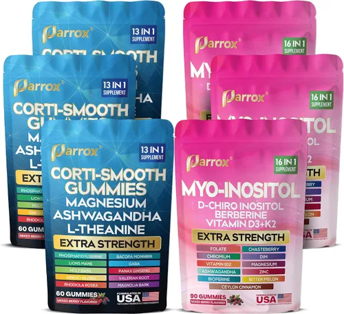 Miniatura 11 de Paquete de gomitas calmantes y lisas: suplemento de cortisol y mio-inositol con D-Chiro inositol, berberina, magenesio, ashwagandha, L-teanina