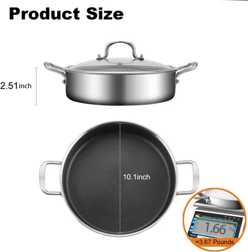 Miniatura 2 de DELARLO Sartén de tres capas de acero inoxidable de 10 pulgadas Sartén de freír profunda de 3QT con tapa Sartén de saltear con tapa Compatible