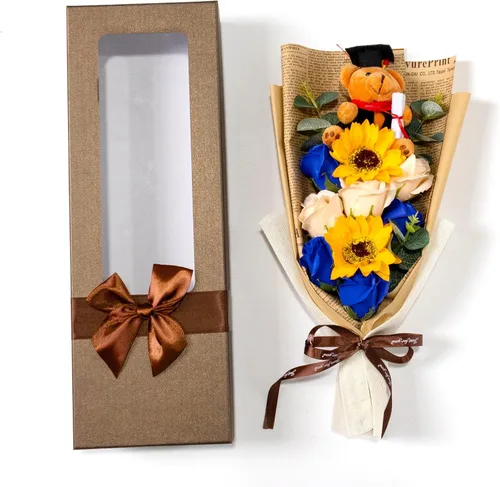 Miniatura 2 de Ansuma Ramo de flores de jabón perfumado de girasol rosa de graduación de 13 pulgadas, mini oso de peluche con tapa de graduación, arreglos Azul