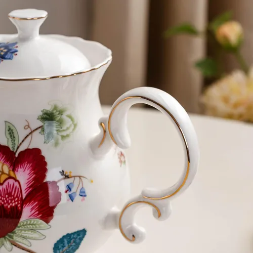Miniatura 5 de Tetera de flores de cerámica de estilo europeo, olla de café, olla de agua, regalo de porcelana, grande, 5.5 tazas (1, azul y rojo)