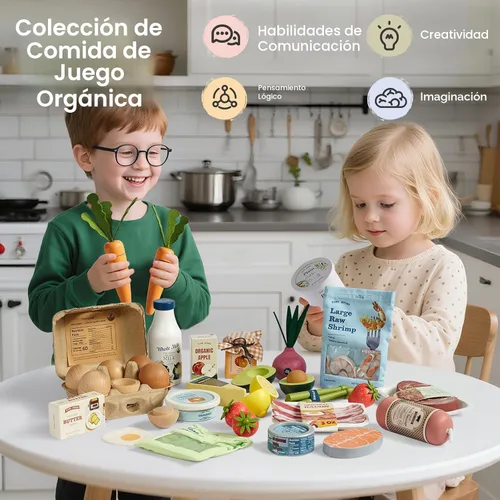 Miniatura 2 de Tiny Land Juego de comida orgánica para juegos de simulación - Juego de juguetes de mariscos y carne de madera de 6 piezas para niños, simulación