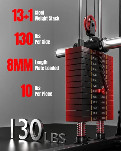 Miniatura 4 de Máquina de Smith Mikolo, banco de sentadillas de 2200lbs con sistema de tracción LAT y máquina de cruce de cables, equipo de entrenamiento con Rojo