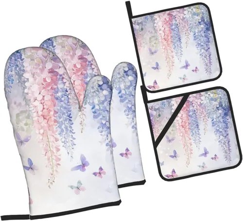 Miniatura 29 de Manoplas de horno y soportes para ollas, arte de mármol blanco y dorado, juego de 4 guantes de cocina resistentes al calor, antideslizantes