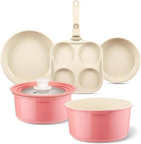 Juego de ollas y sartenes de cerámica antiadherente, juego de 7 piezas de utensilios de cocina antiadherentes con mango desmontable, juego de Rosa