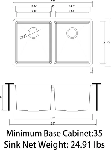 Miniatura 5 de Sinber MU3218D Fregadero de Cocina de Doble Tazón Bajo Encimera de 32" x 18" x 9" con Acero Inoxidable 304 Calibre 18 Acabado Satinado