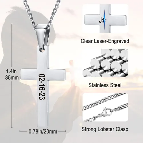 Miniatura 3 de XUANPAI Collar de cruz, collar con colgante de cruz grabable personalizado, joyería de Pascua, regalos de cumpleaños cristianos para hombres