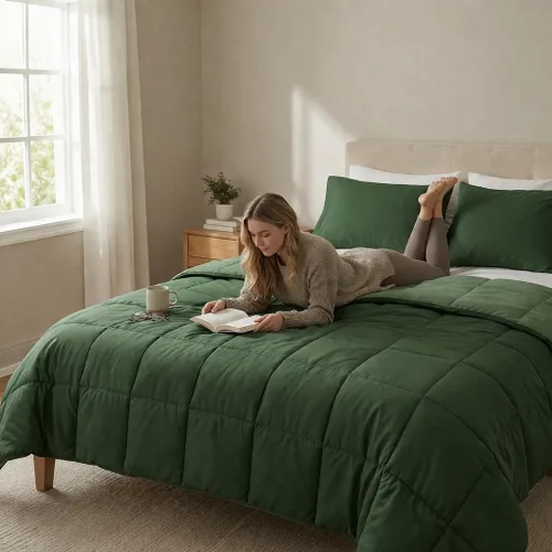 Miniatura 3 de HIG Juego de edredón de 3 piezas, color verde, tamaño King - Ropa de cama edredón alternativo al plumón reversible para todas las estaciones