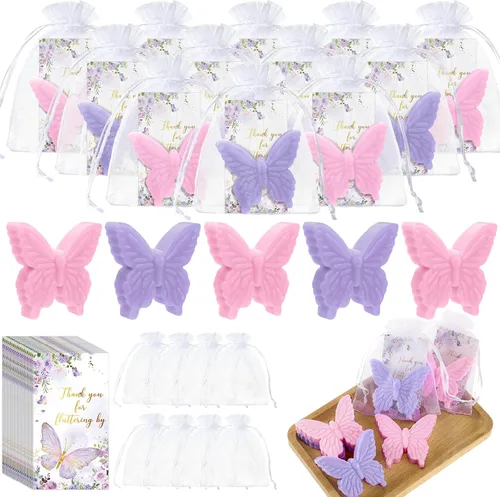 Miniatura 8 de Dunzy Juego de 50 recuerdos de fiesta de bienvenida de bebé con temática de mariposa para invitados, regalos de jabón de mariposa con tarjeta