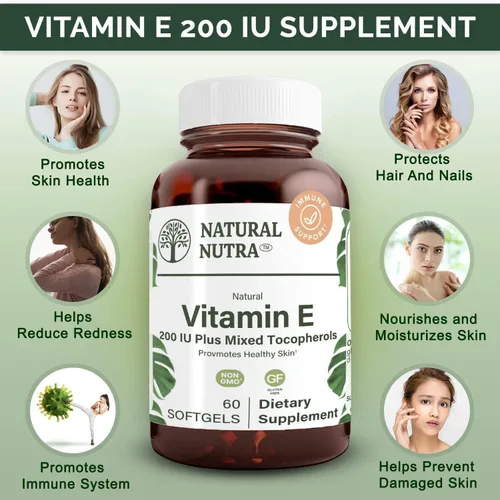 Miniatura 3 de Natural Nutra Suplemento de vitamina E de 200 UI para piel, cabello y uñas, promueve la salud del corazón, ayuda a prevenir la piel dañada, promueve