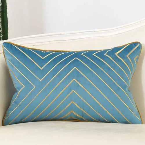 Avigers - Funda de cojín lumbar decorativa de terciopelo, 12 x 20 pulgadas, diseño geométrico con líneas abstractas bordadas en color gris, azul y