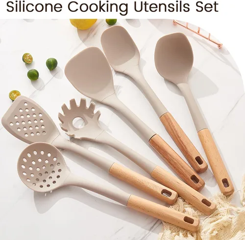 Miniatura 2 de Juego de utensilios de cocina de silicona, 8 piezas antiadherentes con soporte, utensilios de cocina caqui con asas de madera, juego de cocina