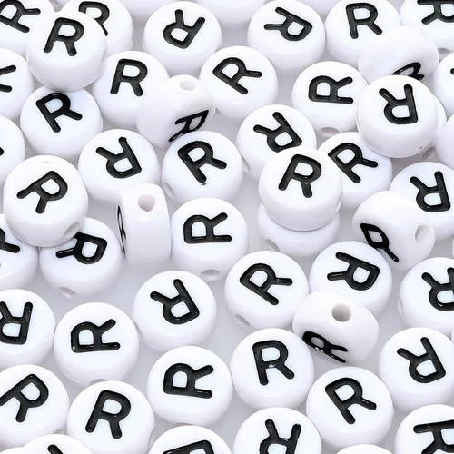 Amaney Cuentas de Letras R 100 piezas 7×4mm (0.28×0.16 pulgadas) Blanco Redondo Acrílico Negro Alfabeto para Fabricación de Joyas