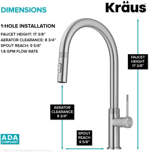 Miniatura 5 de KRAUS Oletto - Grifo de cocina moderno industrial con una sola manija extraíble de acero inoxidable libre de manchas, KPF-2654SFS Acero inoxidable