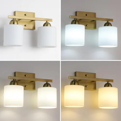Miniatura 4 de Mecgirn Luces de tocador de vidrio de leche de acero inoxidable para baño, 2 lámparas de baño doradas claras sobre espejo, enchufes E26 de cerámica