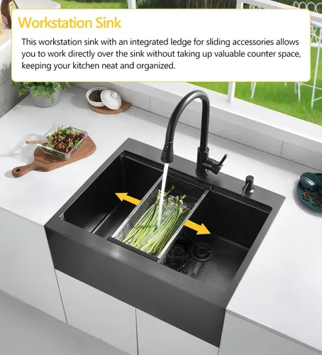 Miniatura 4 de Luckyhorse LH008SZ - Fregadero de cocina negro de 28 x 22 pulgadas con caída en la parte superior, estación de trabajo, fregadero de cocina