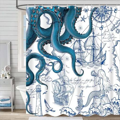 Miniatura 4 de Fungarth Cortina de ducha de pulpo náutico azul, sirena azul marino, divertida cortina de ducha estilo kraken del océano para baño, ancla fresca